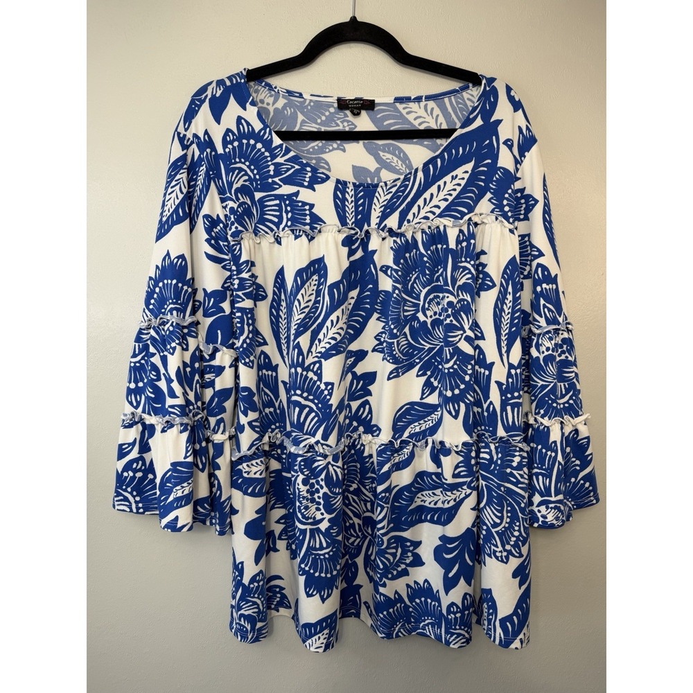 Cocomo Woman Plus‎ Size White Ruffled Sleeve Blouse W Royal Blue Print Size 2X